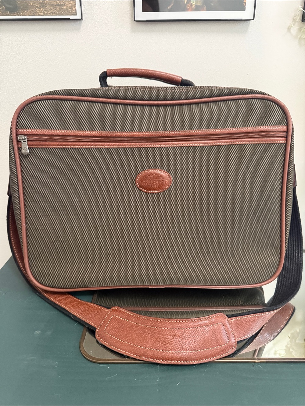 Longchamp Vintage Boxford Olive Green Canvas & Brown Leather Briefcase